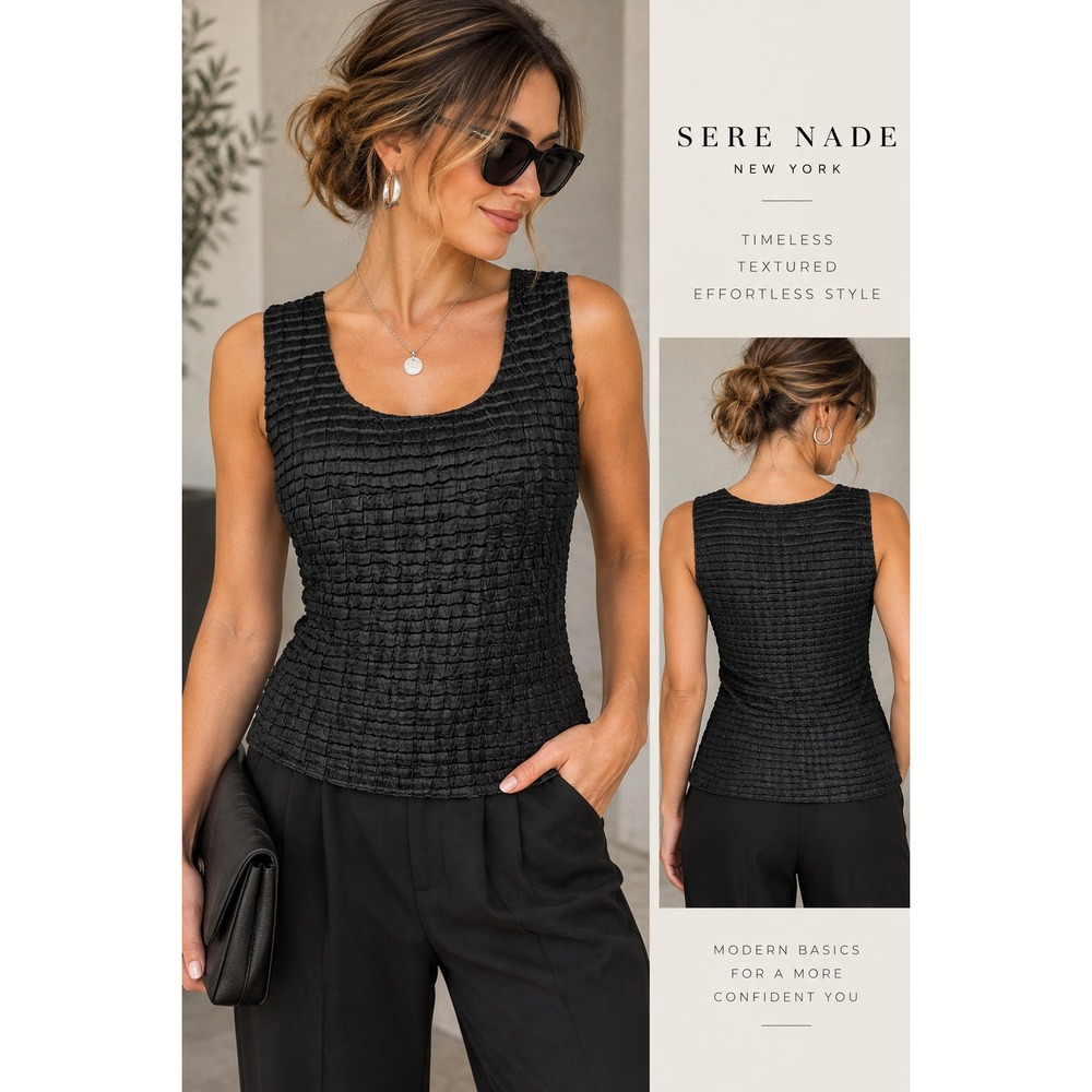 Sere Nade New York Black Crinkle Textured Scoop Neck Tank Top Womens Small